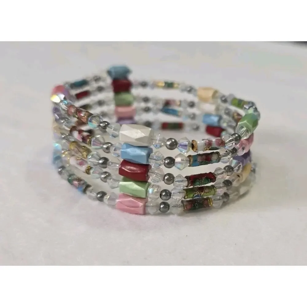 Magnetic Hematite Beads Wrap Around Bracelet Multi Colored & Cloisonne Accents
